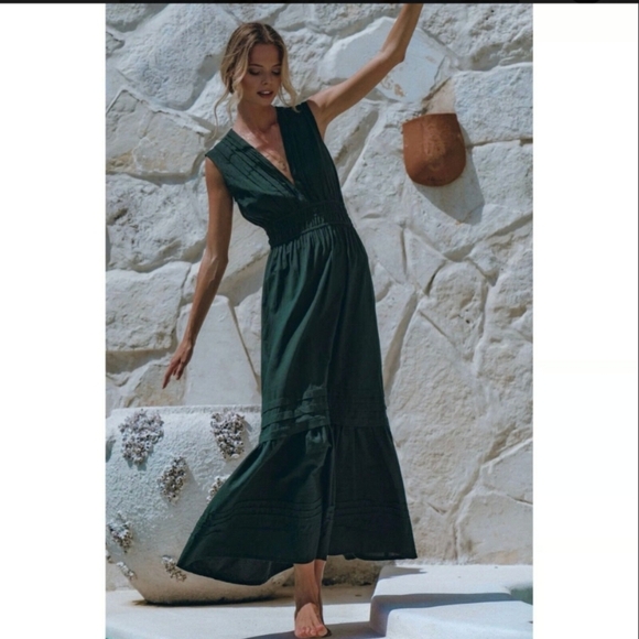 Pampelone Dresses & Skirts - Pampelone Sienna Sleeveless Maxi Dress 100% Cotton Tiered Boho Green Medium